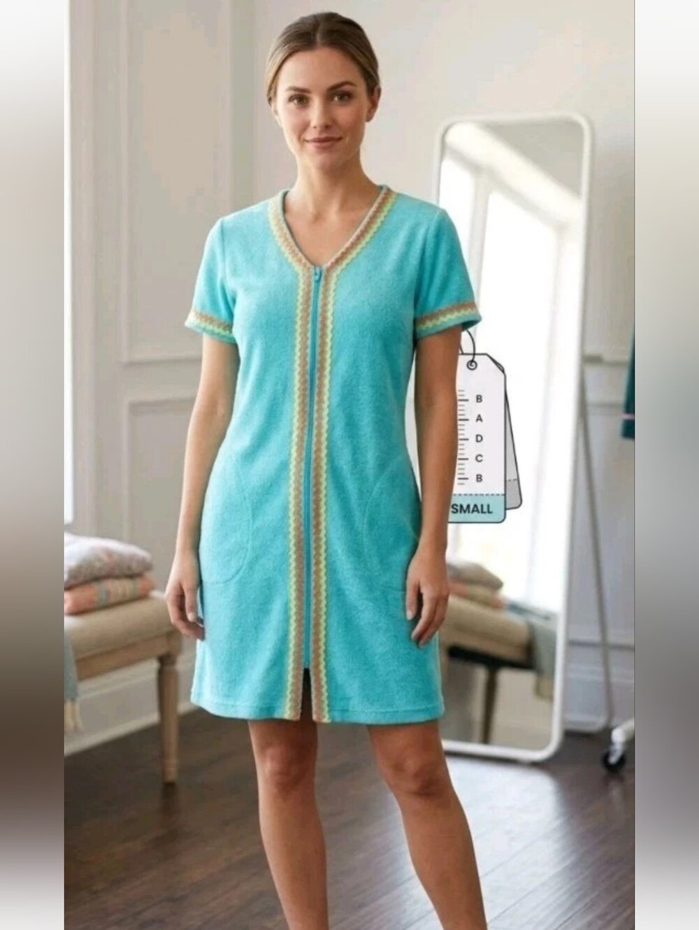 Vintage Jasmine Rose Turquoise Zip Terry Cloth Short Sleeve Robe House Dress S